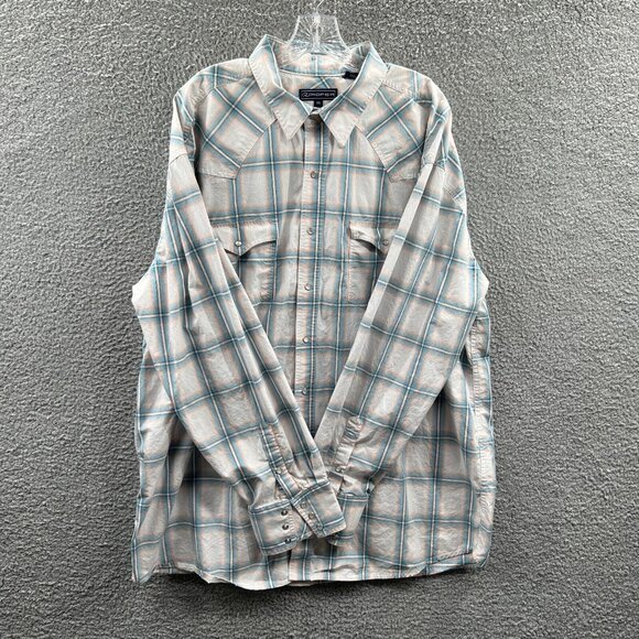 Roper Mens Western Shirt 2XL White Blue Plaid 100% Cotton Pearl Snap‎ Front - Picture 1 of 11